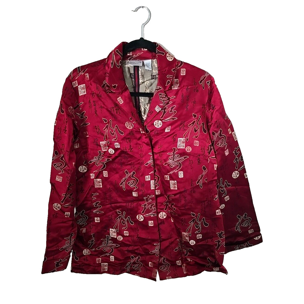 Chico's Red Oriental Print Button Front Long Sleeve Silkโ Jacket Womans Size MD